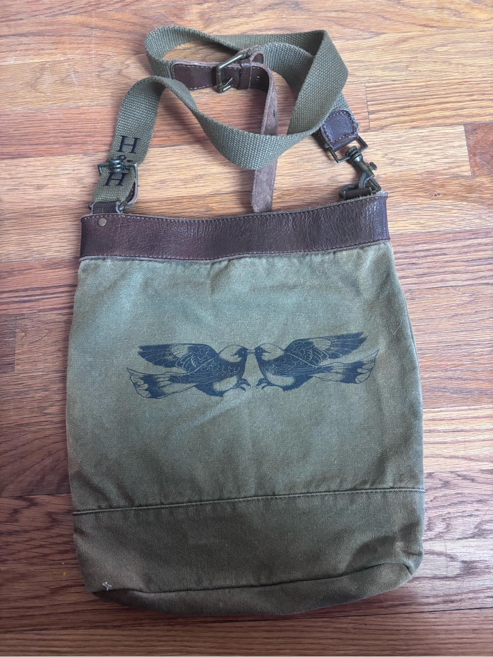 Olive Green Canvas Messenger Bag with Bird Graphic
